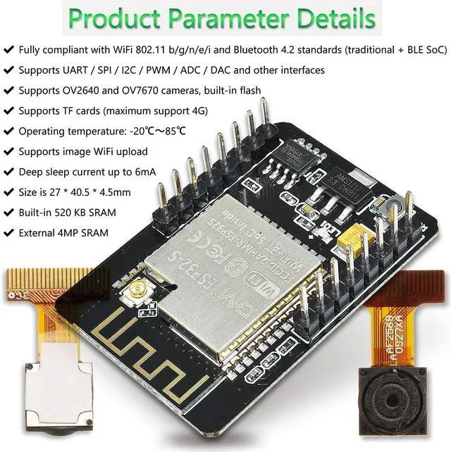 Alt view image 5 of 5 - Aideepen ESP32-CAM W-BT Board ESP32-CAM-MB Type-C to Serial Port CH-340G with OV2640 2MP Camera Module Dual Mode Support NodeMCU 2PCS