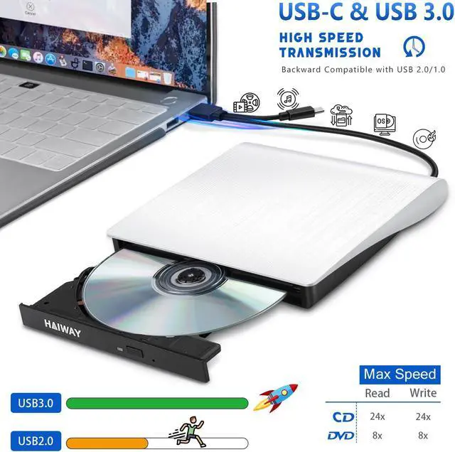 Alt view image 2 of 5 - Haiway External DVD Drive, USB 3.0 Type-C CD Burner Portable CD DVD +/-RW Optical Drive Slim CD DVD ROM Rewriter CD/DVD Player Writer Reader for Laptop Desktop MacBook PC Windows Linux Mac OS (White)
