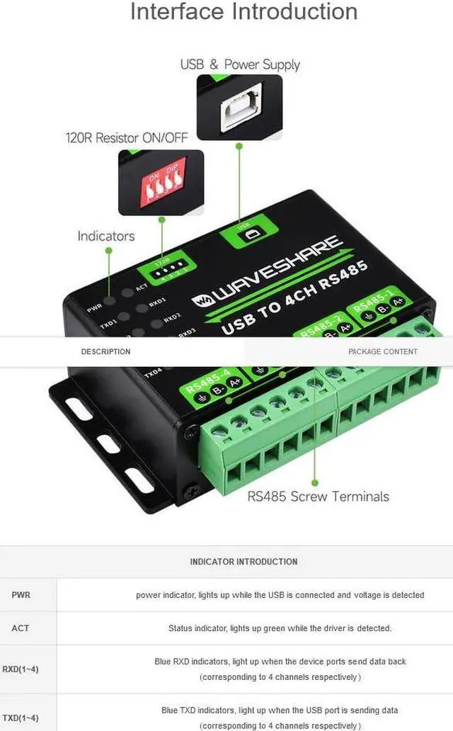 Alt view image 3 of 5 - Waveshare Industrial USB to 4CH RS485 Converter with Aluminium Alloy Case, Compatible with Win7/8/8.1/10/11,Linux, Android, Allows Concurrent and Independent Communication for Each Channel