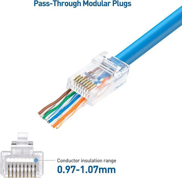 Alt view image 3 of 5 - Cable Matters 100-Pack Cat 6 Pass Through RJ45 Connectors for Solid or Stranded UTP Ethernet Cable & Modular RJ45 Crimp Tool for Pass-Through Connectors & 8-Color 200-Pack Strain Relief Boots