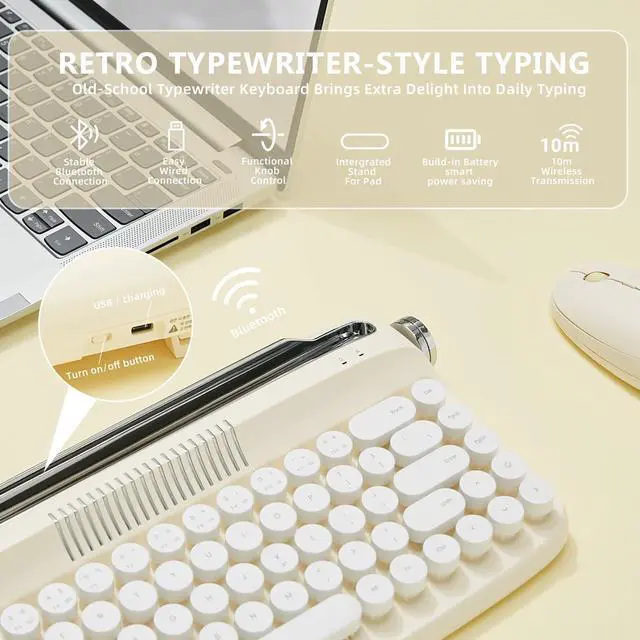 Alt view image 2 of 5 - YUNZII Upgraded Wireless Keyboard, Retro Keyboard Typewriter Style with Integrated Stand, USB-C/Bluetooth Keyboard with Cute Round Keycaps for Multi Device for Win/Mac (B307, Ivory Butter)