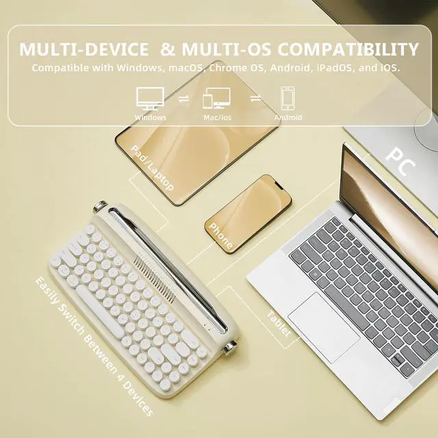 Alt view image 3 of 5 - YUNZII Upgraded Wireless Typewriter Keyboard, Retro Aesthetic with Integrated Stand,Cute Round Keycaps, USB-C/Bluetooth Connection for Table, Phone, PC and Win/Mac/Android (B307, Ivory Butter)