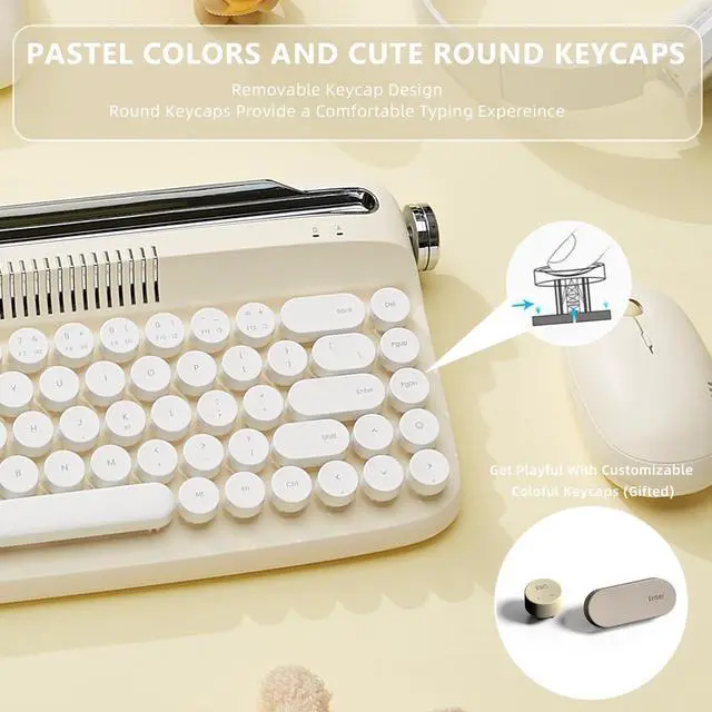 Alt view image 4 of 5 - YUNZII Upgraded Wireless Typewriter Keyboard, Retro Aesthetic with Integrated Stand,Cute Round Keycaps, USB-C/Bluetooth Connection for Table, Phone, PC and Win/Mac/Android (B307, Ivory Butter)