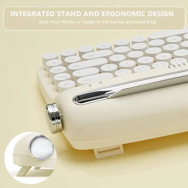 Alt view image 5 of 5 - YUNZII Upgraded Wireless Typewriter Keyboard, Retro Aesthetic with Integrated Stand,Cute Round Keycaps, USB-C/Bluetooth Connection for Table, Phone, PC and Win/Mac/Android (B307, Ivory Butter)