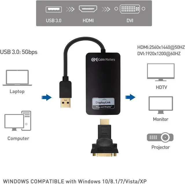 Alt view image 2 of 5 - Cable Matters SuperSpeed USB 3.0 to HDMI Adapter (USB to HDMI Adapter) for Windows up to 1440p in Black
