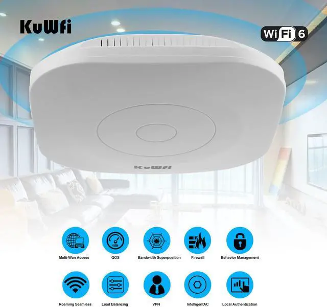 Alt view image 2 of 5 - WiFi 6 Access Point, KuWFi Wireless Ceiling AP Router with 48V PoE Injector, 2.4G&5.8G 1800Mbps High Speed High-Power 4x5*dBi Antenna Gigabit RJ45 Port for House, Office, Apartment