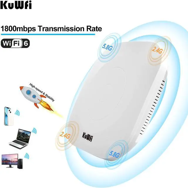 Alt view image 3 of 5 - WiFi 6 Access Point, KuWFi Wireless Ceiling AP Router with 48V PoE Injector, 2.4G&5.8G 1800Mbps High Speed High-Power 4x5*dBi Antenna Gigabit RJ45 Port for House, Office, Apartment