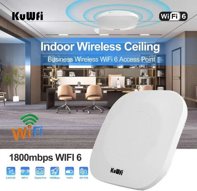 Alt view image 5 of 5 - WiFi 6 Access Point, KuWFi Wireless Ceiling AP Router with 48V PoE Injector, 2.4G&5.8G 1800Mbps High Speed High-Power 4x5*dBi Antenna Gigabit RJ45 Port for House, Office, Apartment