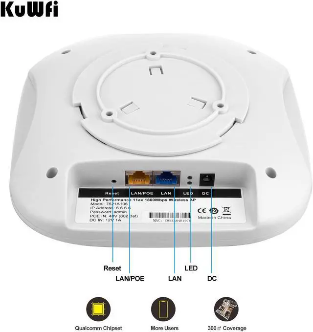 Alt view image 4 of 5 - WiFi 6 Access Point, KuWFi Wireless Ceiling AP Router with 48V PoE Injector, 2.4G&5.8G 1800Mbps High Speed High-Power 4x5*dBi Antenna Gigabit RJ45 Port for House, Office, Apartment