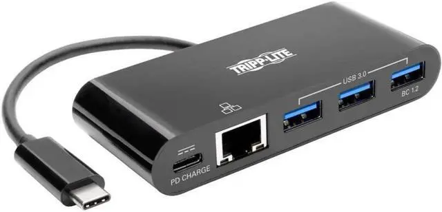 Main image of Tripp Lite USB C to Gigabit Ethernet Adapter Converter Docking Station w/ USB-A Hub, Gbe & PD Charging Thunderbolt 3, USB Type C Black (U460-003-3AGB-C)