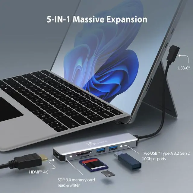 Alt view image 2 of 5 - j5create USB-C 5-port Gen2 Multi-Adapter with 4K HDMI, 2 USB-A 10Gbps, SD/microSD, for Surface Pro 8/9, MacBook Air/Pro, Dell XPS, HP laptops, and more (JCD372S)