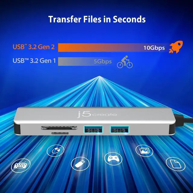 Alt view image 4 of 5 - j5create USB-C 5-port Gen2 Multi-Adapter with 4K HDMI, 2 USB-A 10Gbps, SD/microSD, for Surface Pro 8/9, MacBook Air/Pro, Dell XPS, HP laptops, and more (JCD372S)