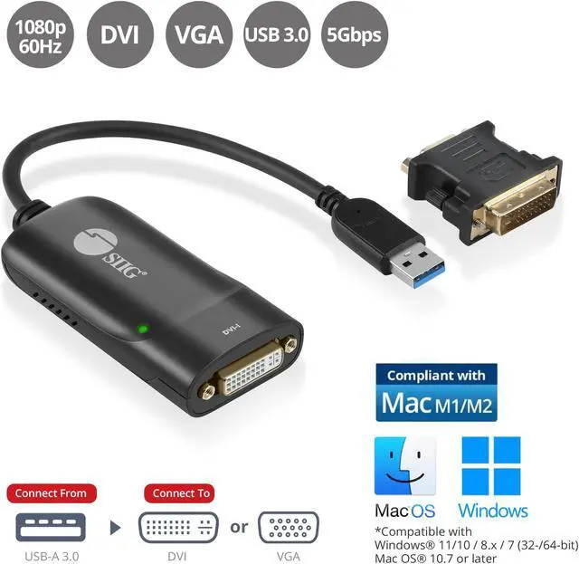 Alt view image 2 of 5 - SIIG USB 3.0 to DVI Video Adapter with DVI to VGA Adapter | Quick and Easy Setup | 1080p or 2048x1152 Resolution | DisplayLink Manager Compatible, Support Windows 11, 10, Mac M1 & M2 (JU-DV0112-S3)