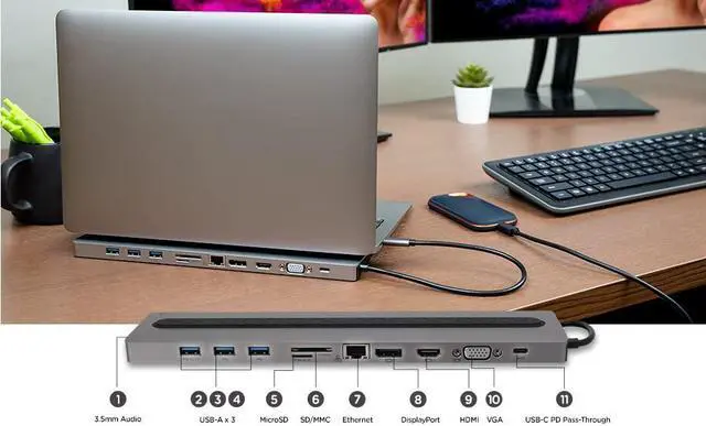 Alt view image 4 of 5 - IOGEAR USB-C 8 Port Low Profile Docking Station - 4K@30Hz - 1 HDMI - 1 DisplayPort - 1 VGA - 1 Ethernet - 3 USB 3.0 A Ports - 1 USB-C 100W Charging Only - Card Reader Slot - 1 3.5mm - GUD3C02B