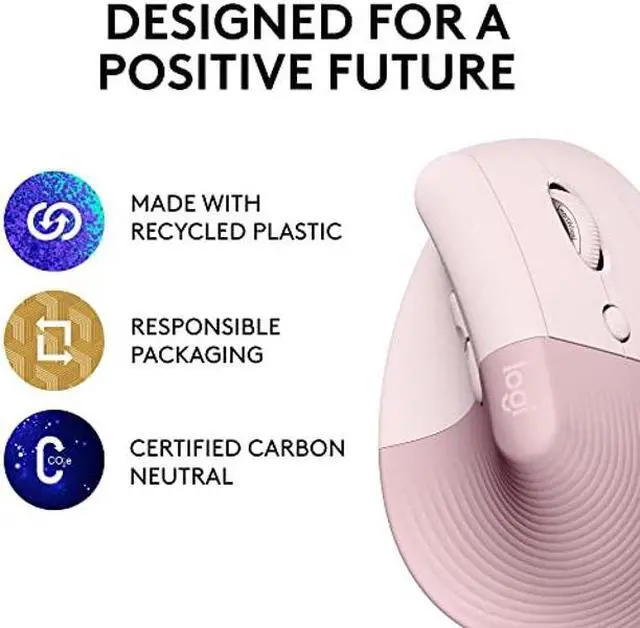 Alt view image 5 of 5 - Logitech Lift Vertical Ergonomic Mouse, Wireless, Bluetooth or Logi Bolt USB receiver, Quiet clicks, 4 buttons, compatible with Windows/macOS/iPadOS, Laptop, PC - Rose