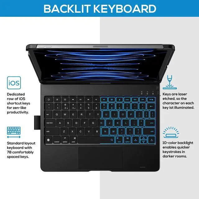 Alt view image 4 of 5 - typecase Touch Keyboard Case for iPad Air 11-inch (M3 2025 / M2 2024)& iPad Pro 11(4th/3rd/2nd/1st Gen):Multi-Touch Trackpad & 11 Colors Backlight&360°Rotatable,Thin & Light for iPad Air 5/4 Gen,Black