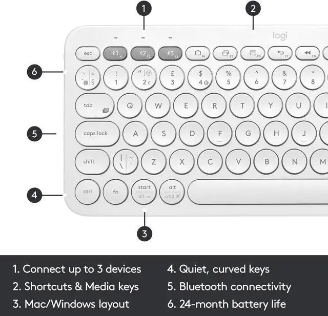 Alt view image 5 of 5 - Logitech K380 Pebble Wireless Multi-Device Keyboard for Apple iOS, Apple TV android or Chrome, Bluetooth, Compact Space-Saving Design, PC/Mac/Laptop/Smartphone/Tablet - Off White