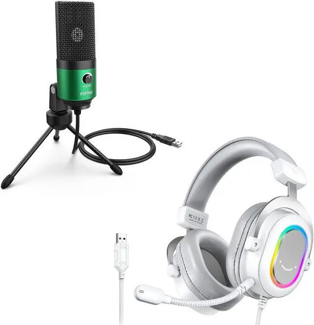 Main image of FIFINE USB Microphone and White Gaming Headset, PC Microphone with Gain Control, Wired Headphones with 7.1 Surround Sound,EQ Mode, RGB, Soft Ear Pads for Streaming, Podcasting, Twitch (K669G+H6W)