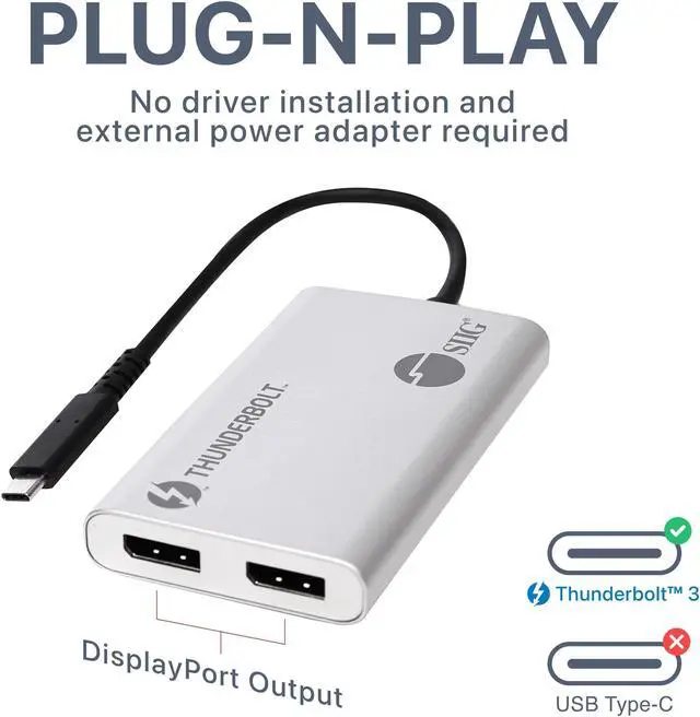 Alt view image 5 of 5 - SIIG Thunderbolt 3 to Dual DisplayPort Adapter - Single 5K@60HZ - Dual 4K@60HZ - USB Type C to 2 DP 1.2 Ports for Mac & Windows - Macbook Pro/Macbook/Dell XPS/HP/Lenovo JU-TB0611-S1