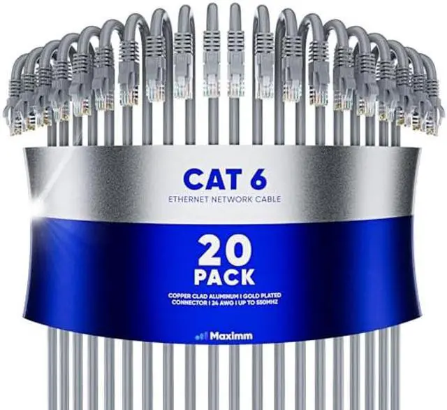 Main image of Maximm Cat 6 Ethernet Cable 20 ft (20-Pack) - High-Speed LAN Cable, Internet Cable, Patch Cable, and Network Cable - UTP, 10Gbps, 550MHz Ethernet Cord - Gray