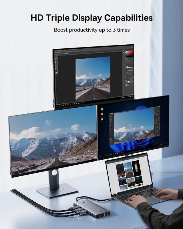 Alt view image 4 of 5 - Laptop Docking Station, Baseus 13-in-1 USB C Docking Station Dual Monitor with 2 HDMI 4K@60Hz, DP 4K@120Hz, VGA, 10Gbps Data Transfer, PD 100W and Ethernet for Dell/HP/Lenovo/Surface Laptop