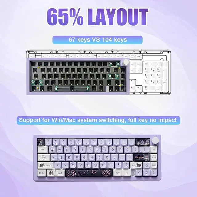 Alt view image 4 of 5 - BOYI GMK67-65% Keyboard Kit,Hot-Swappable Bluetooth 5.0/2.4G/Type-C Tri-Mode Wireless RGB Mechanical Keyboard PCB Mounting Plate Kit EVA Sound Insulation Mat,Customized Keyboard Kit (Purple+Knob)