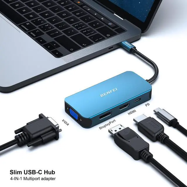 Alt view image 2 of 5 - Benfei USB Type-C to HDMI+DisplayPort+VGA Adapter, 4K Support, Compatible with Laptops and TVs