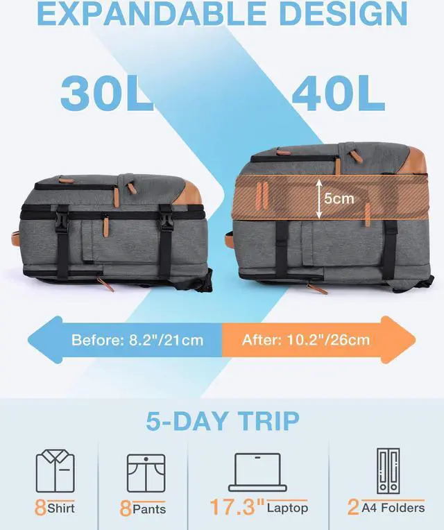 Alt view image 4 of 5 - BAGSMART Compression Travel Backpack, 40L Expandable Airline Approved Carry On Backpack with Packing Cubes, Water Resistant Weekender Backpack Fits 17 Inch laptop, Luggage Daypack with Shoe Bag, Grey