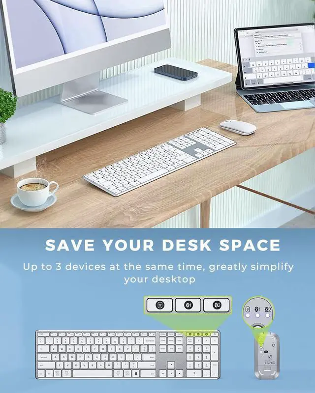 Alt view image 2 of 5 - Wireless Bluetooth Keyboard and Mouse Combo (USB + Dual BT), seenda Multi-Device Rechargeable Slim Keyboard and Mouse, Compatible for Win 7/8/10, MacBook Pro/Air, iPad, Tablet - White Silver