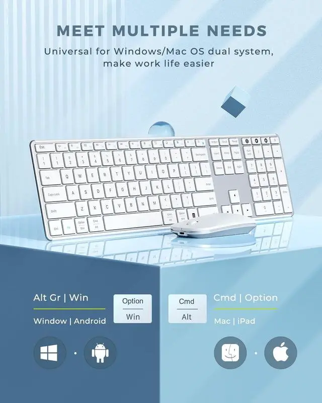 Alt view image 3 of 5 - Wireless Bluetooth Keyboard and Mouse Combo (USB + Dual BT), seenda Multi-Device Rechargeable Slim Keyboard and Mouse, Compatible for Win 7/8/10, MacBook Pro/Air, iPad, Tablet - White Silver
