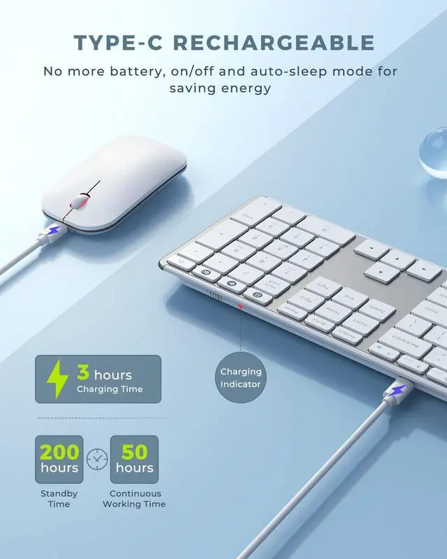 Alt view image 4 of 5 - Wireless Bluetooth Keyboard and Mouse Combo (USB + Dual BT), seenda Multi-Device Rechargeable Slim Keyboard and Mouse, Compatible for Win 7/8/10, MacBook Pro/Air, iPad, Tablet - White Silver