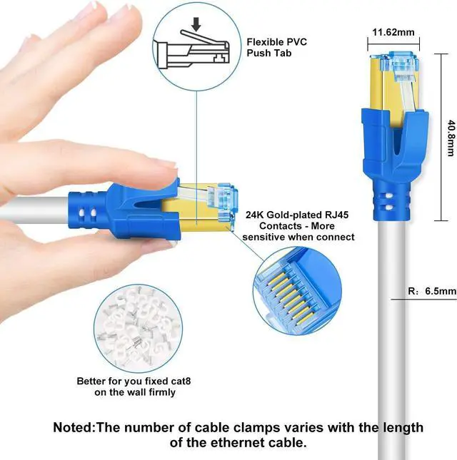 Alt view image 2 of 5 - Cat 8 Ethernet Cable 50 ft, High Speed Shielded Internet Network LAN Cable, 50 Feet Heavy Duty Patch Cable Weatherproof 2000MHz 40Gbps with Gold Plated RJ45 for Gaming,Xbox,PS4,Modem,Router-White