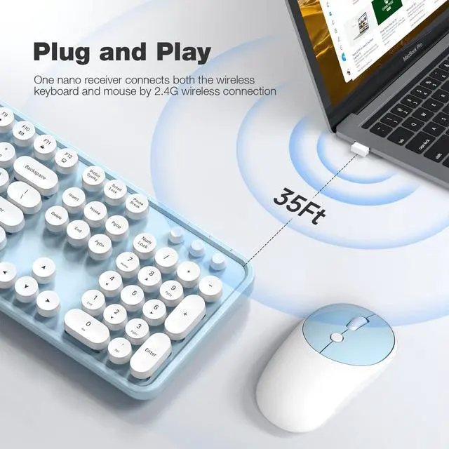 Alt view image 2 of 5 - Atelus Wireless Keyboard and Mouse, Typewriter Full Size Keyboard with Number Pad and 2 in 1 USB Connected Mouse for Mac, Windows 7/8/10, Laptop, Desktop, PC, Computer (Blue-White)