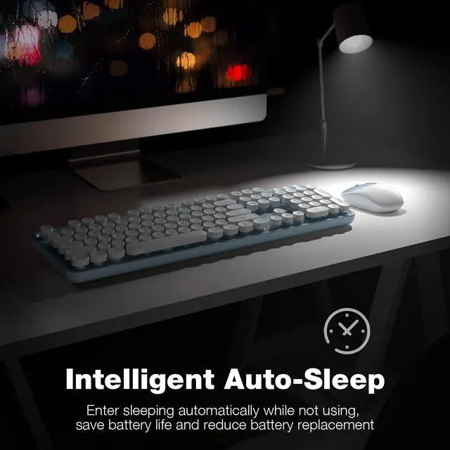 Alt view image 4 of 5 - Atelus Wireless Keyboard and Mouse, Typewriter Full Size Keyboard with Number Pad and 2 in 1 USB Connected Mouse for Mac, Windows 7/8/10, Laptop, Desktop, PC, Computer (Blue-White)
