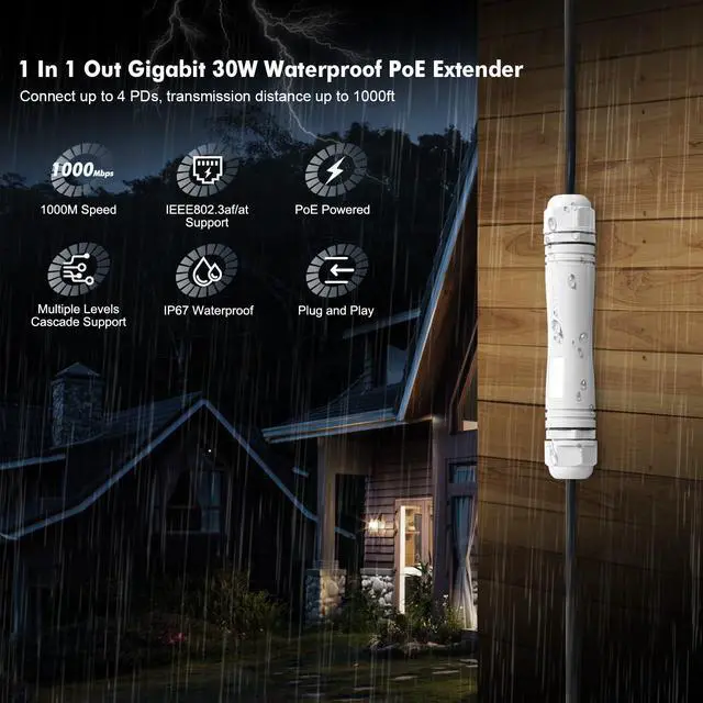 Alt view image 2 of 5 - Outdoor IP67 Waterproof Gigabit PoE Passthrough Switch, 1 PoE in 1 PoE Out Extender, IEEE802.3af/at PoE Powered 30W, 10/100/1000Mbps Ethernet, Wall Mount Plug and Play