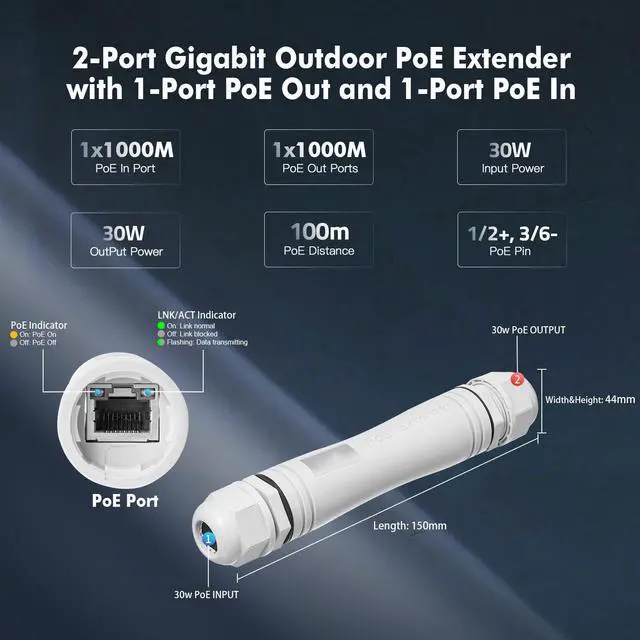Alt view image 5 of 5 - Outdoor IP67 Waterproof Gigabit PoE Passthrough Switch, 1 PoE in 1 PoE Out Extender, IEEE802.3af/at PoE Powered 30W, 10/100/1000Mbps Ethernet, Wall Mount Plug and Play