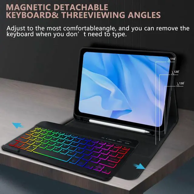 Alt view image 5 of 5 - COO Keyboard Case for iPad Air 5th Generation (2022)/ iPad Air 4th Generation (2020)/ iPad Pro 11 (2018), 7 Color Backlit Detachable Wireless Keyboard, Built-in Pencil Holder