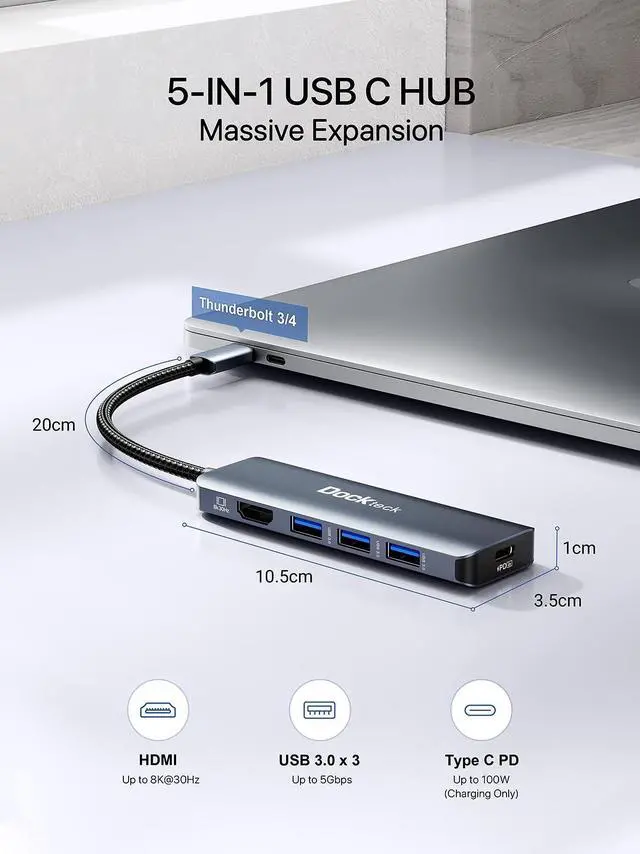 Alt view image 2 of 5 - 8K HDMI USB C HUB, 5-in-1 USB-C Multiport Adapter, Dockteck USB Dock Dongle with 8K 30Hz/4K 120Hz/4K 60Hz HDMI, 100W PD, 3 x USB 3.0 for Steam Deck, MacBook Pro/Air M1, iPad Pro/Air, Surface Pro 7/8/X