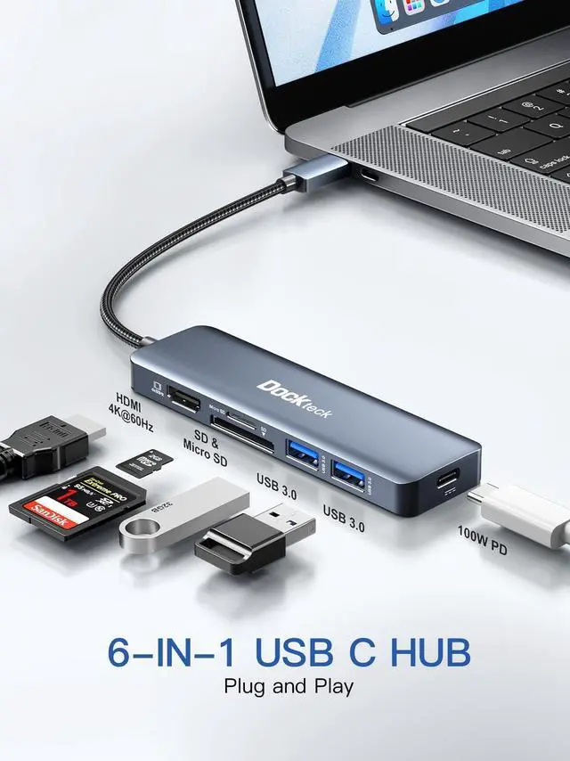 Alt view image 2 of 5 - USB C Hub Multiport Adapter - Dockteck 6 in 1 USB C Dock with 100W PD, 4K 60Hz HDMI, USB 3.0, SD/TF Card Reader, USBC Hub for MacBook Pro Air Microsoft Surface Pro