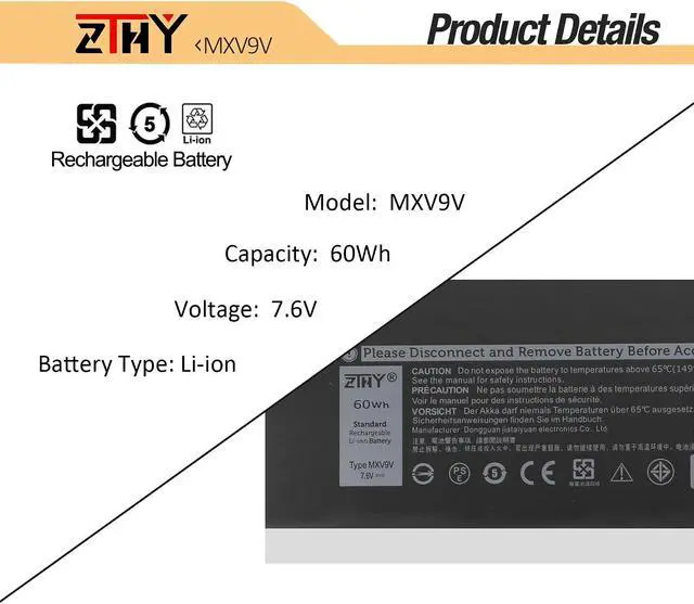 Alt view image 3 of 5 - ZTHY MXV9V Laptop Battery Replacement for Dell Latitude 5300 5310 7300 7400, Latitude 5300/5310 2-in-1, Inspiron 7300/7306 2-in-1 Black Series P96G P97G P99G P100G 5VC2M 829MX 0829MX 7.6V 60Wh 4-Cell
