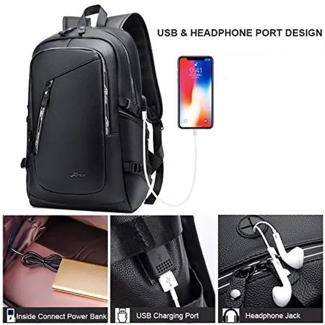 Alt view image 4 of 5 - DYJ Vegan Leather Laptop Backpack for Women&Men, Faux Leather Vintage Weekend Travel Daypack with USB Charging Port Fit 17 Inch Laptops