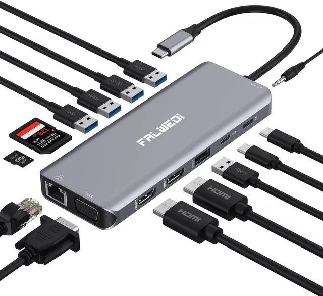 Main image of USB C Laptop Docking Station, 14 in 1 Type C Hub Multiport Adapter Dongle with 3 Monitors, Dual HDMI, VGA, PD, Ethernet, SD/TF, USB C/A Ports, Mic/Audio, Compatible for Dell/Surface/HP/Lenovo Laptops