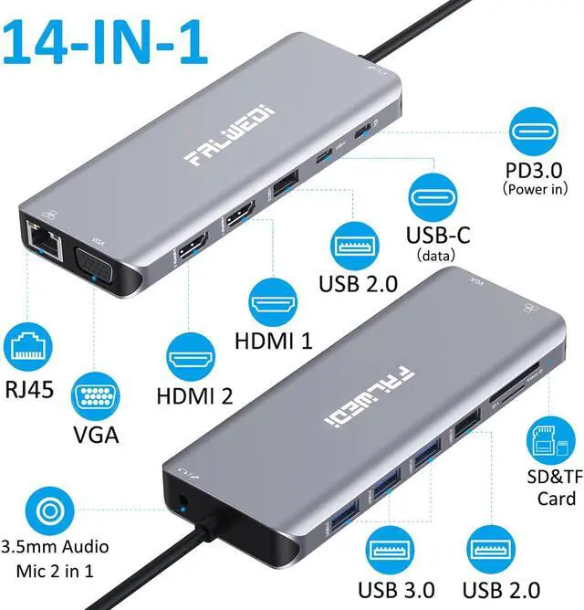 Alt view image 2 of 5 - USB C Laptop Docking Station, 14 in 1 Type C Hub Multiport Adapter Dongle with 3 Monitors, Dual HDMI, VGA, PD, Ethernet, SD/TF, USB C/A Ports, Mic/Audio, Compatible for Dell/Surface/HP/Lenovo Laptops