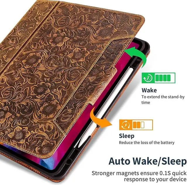 Alt view image 3 of 5 - Gexmil Leather Case for iPad (A16) 11th Generation 11 Inch 2025, iPad 10th Generation 10.9 Inch 2022,Protective Cover with Pencil Holder,Magnetic Closure, Auto Sleep/Wake,Floral Brown