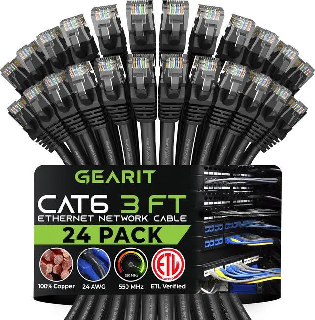 Main image of GearIT Cat 6 Ethernet Cable 3 ft (24-Pack) - Cat6 Patch Cable, Cat 6 Patch Cable, Cat6 Cable, Cat 6 Cable, Cat6 Ethernet Cable, Network Cable, Internet Cable - Black 3 Feet