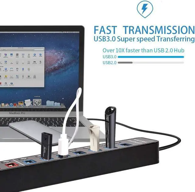 Alt view image 2 of 5 - LYFNLOVE Powered USB Hub,11 Port 48W Data Charging Hub with 7 USB 3.0 Ports and 4 Smart Charging Ports,USB 3.0 Splitter with On/Off Switches for Laptop,PC, Computer,TV, HDD, Flash Drive and More