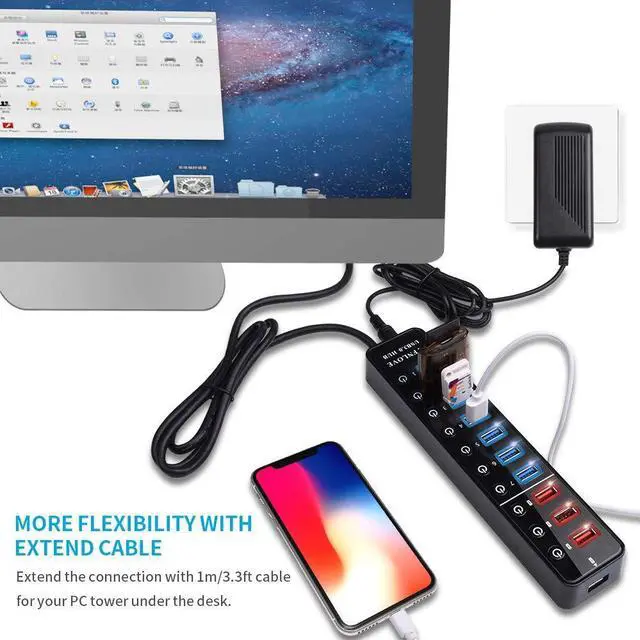 Alt view image 3 of 5 - LYFNLOVE Powered USB Hub,11 Port 48W Data Charging Hub with 7 USB 3.0 Ports and 4 Smart Charging Ports,USB 3.0 Splitter with On/Off Switches for Laptop,PC, Computer,TV, HDD, Flash Drive and More