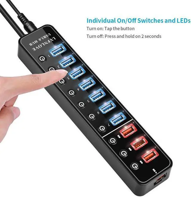 Alt view image 5 of 5 - LYFNLOVE Powered USB Hub,11 Port 48W Data Charging Hub with 7 USB 3.0 Ports and 4 Smart Charging Ports,USB 3.0 Splitter with On/Off Switches for Laptop,PC, Computer,TV, HDD, Flash Drive and More