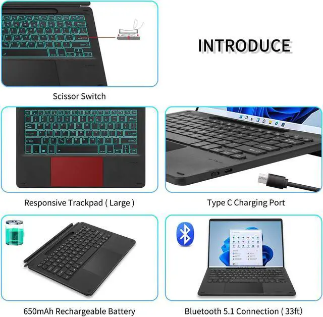 Alt view image 3 of 5 - Surface Pro 11 Magnetic Wireless Bluetooth Keyboard with Touchpad 7 Color Backlit Keyboard for Microsoft Surface Pro 10,Surface Pro 9,Surface Pro 8, Surface Pro X 13 Inch