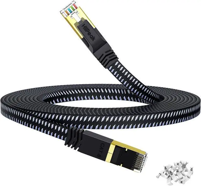 Main image of HiiPeak Cat 8 Ethernet Cable 100 ft, Flat Nylon Braided Internet Cable, High-Speed 40Gbps Network Patch LAN Cable, RJ45 Cable for Modem, Router, PC, Xbox, Laptop, Computer, Black and grey(100ft)